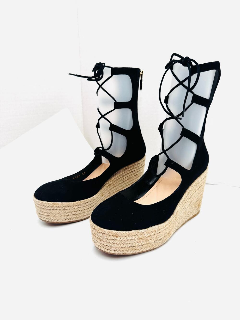 Dior Iver Black Leather Wedge Lace Up Sandal Booties Ankle Boots EU 37